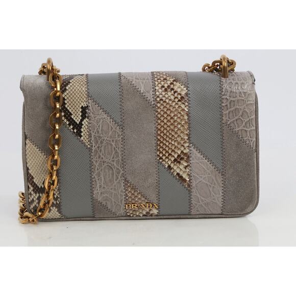 Prada Crocodile Python Suede Leather Exotic Skin Patchwork Flap Shoulder Bag - Picture 13 of 16